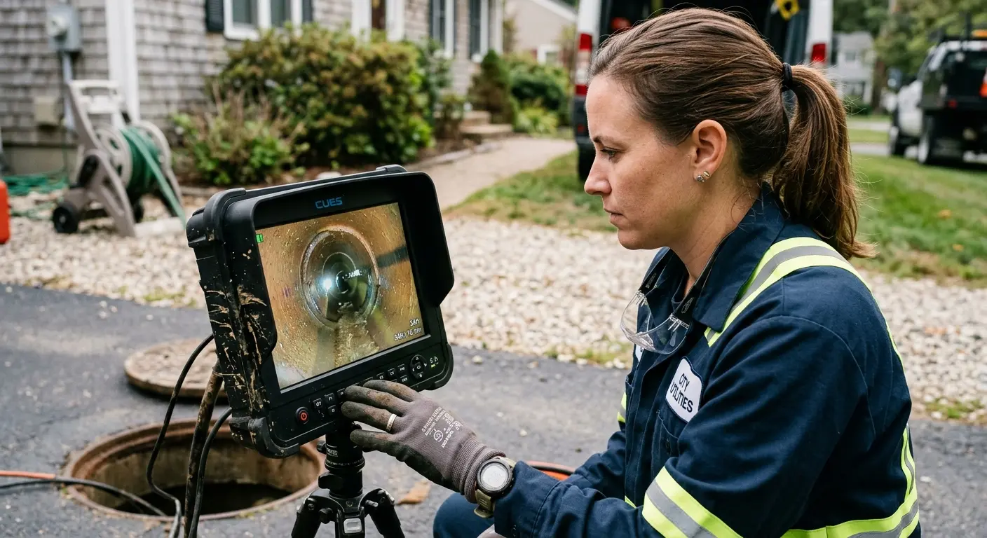 Technician reviewing sewer camera inspection footage in Williston Park