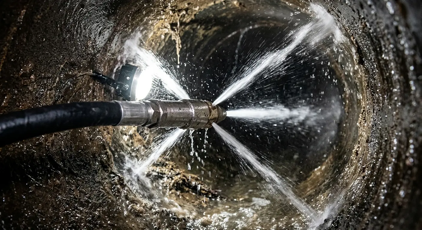 High-pressure hydro jetting nozzle cleaning sewer pipe for Trenchless Sewer Repair in Williston Park