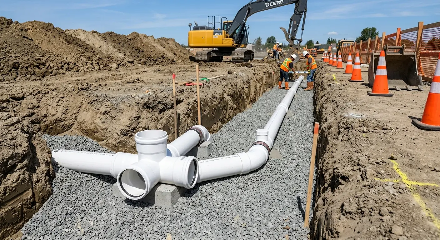 New PVC sewer pipe installation in open trench for Commercial Drain Cleaning in Williston Park