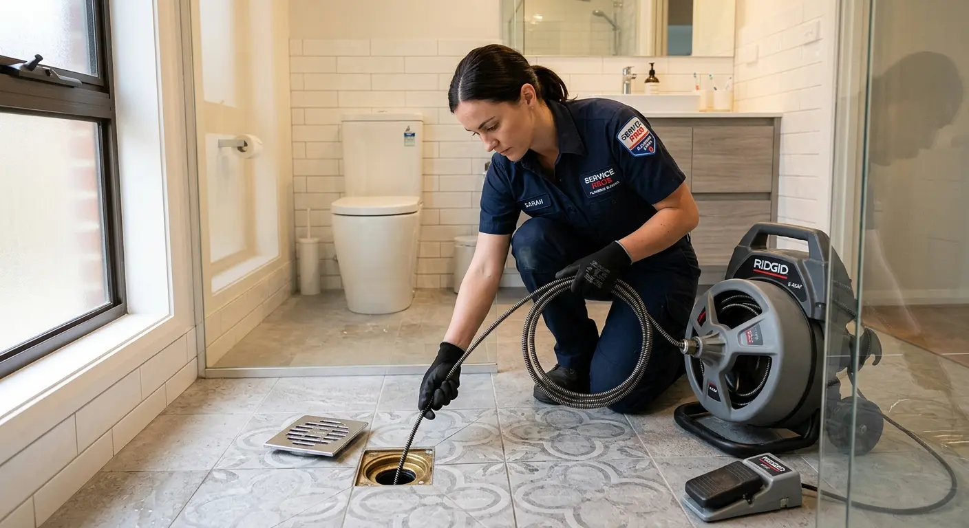 Technician clearing a bathroom floor drain for Sewer Line Replacement in Williston Park